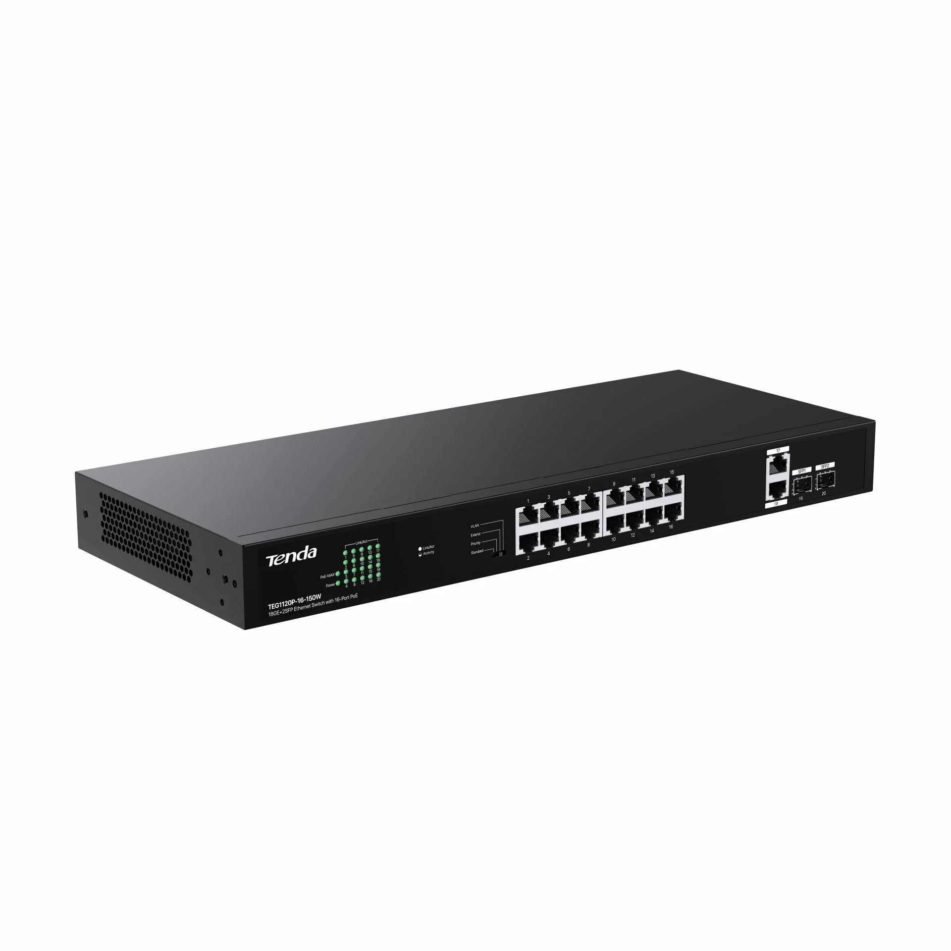 Tenda stikalo Giga 18-port rack 16x PoE 2xSFP TEG1120P-16-150W - slika 3