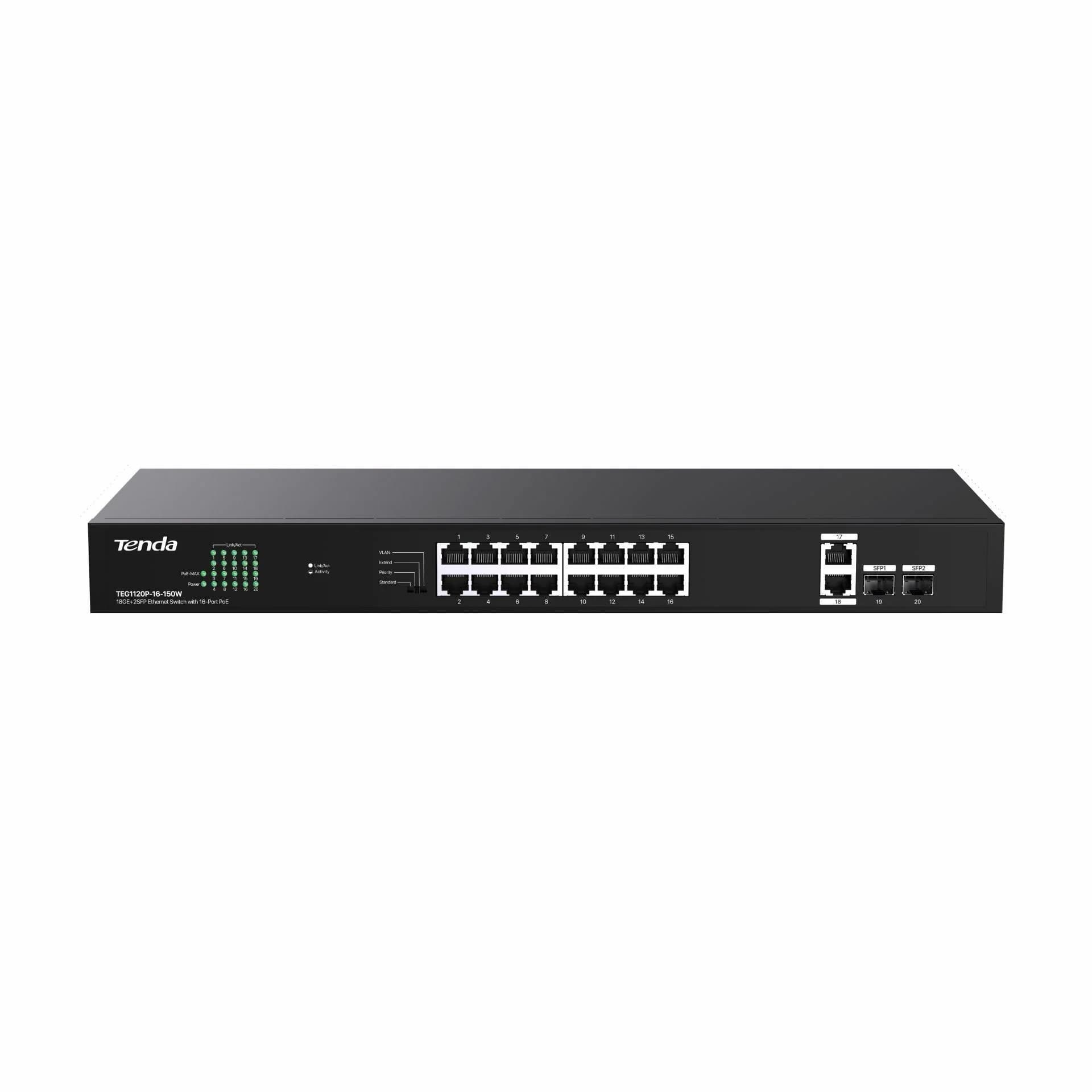 Tenda stikalo Giga 18-port rack 16x PoE 2xSFP TEG1120P-16-150W - slika 2